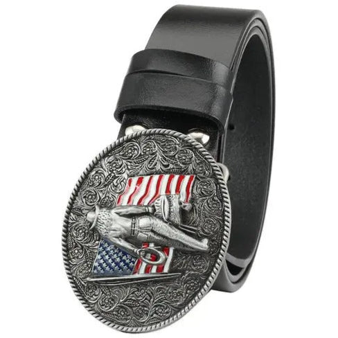 Ovale Western Gürtelschnalle mit Cowboy und USA-Flagge