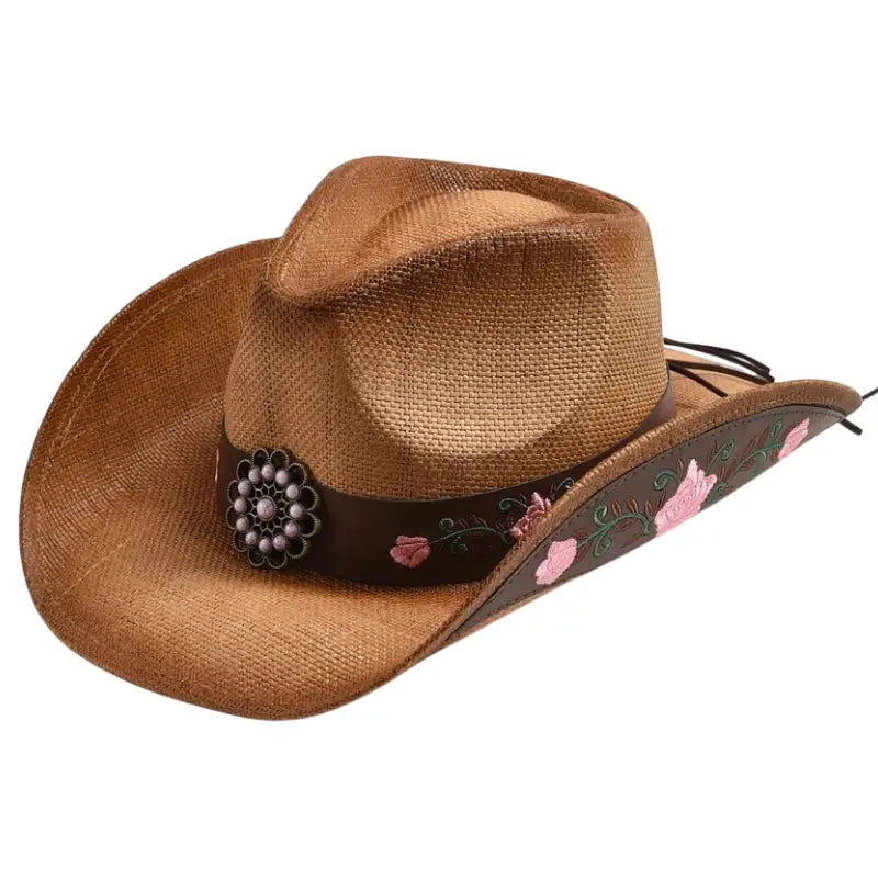 Stroh Cowboyhut mit Rosa Blumenstickerei und Concho